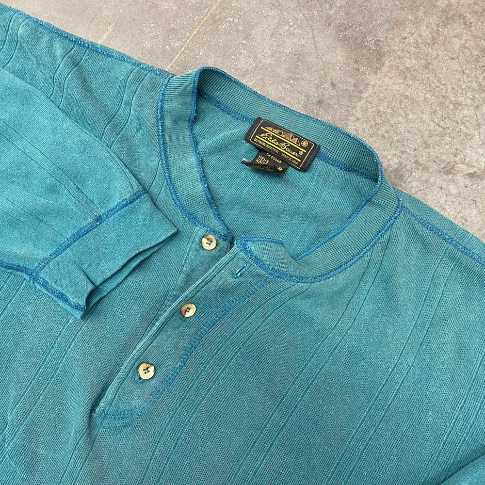VTG Eddie Bauer Long Sleeve Henley Shirt Teal Made In USA Mens Size XL